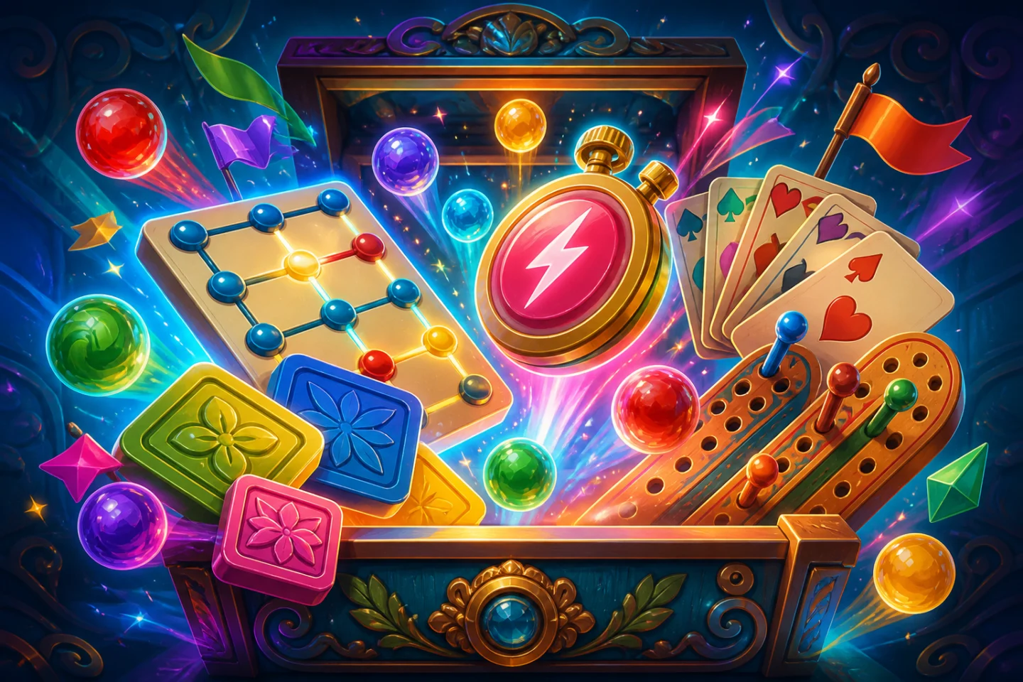 An ornate games drawer glowing with cards, puzzle tiles, marbles and speed-game symbols.